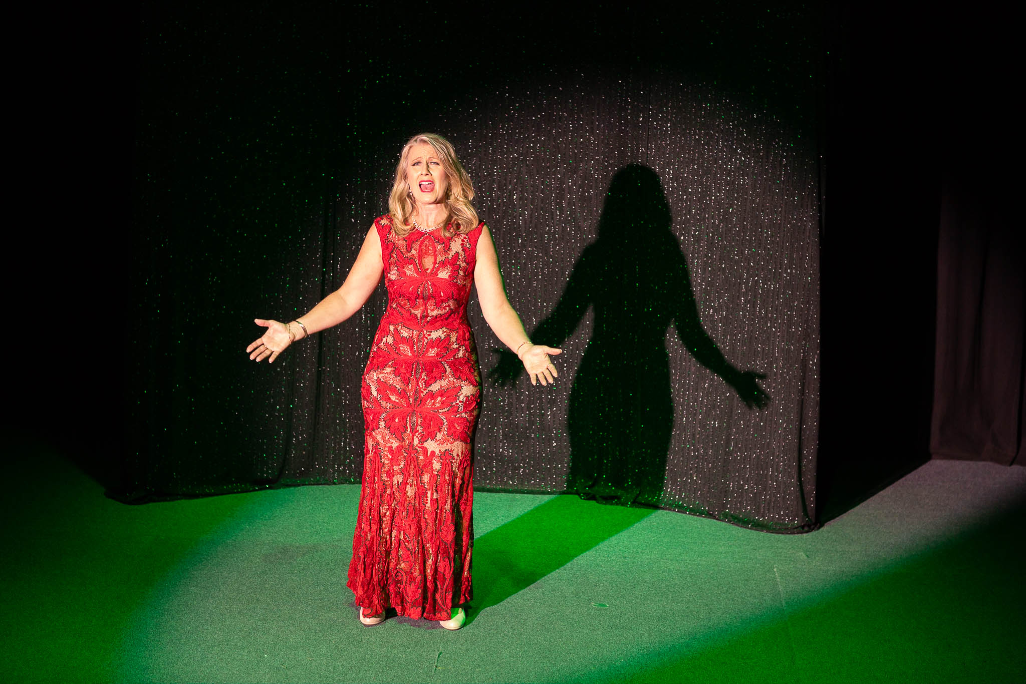 Performer in red dress singing on stage. Photo by Caro Telfer, Photographer.
