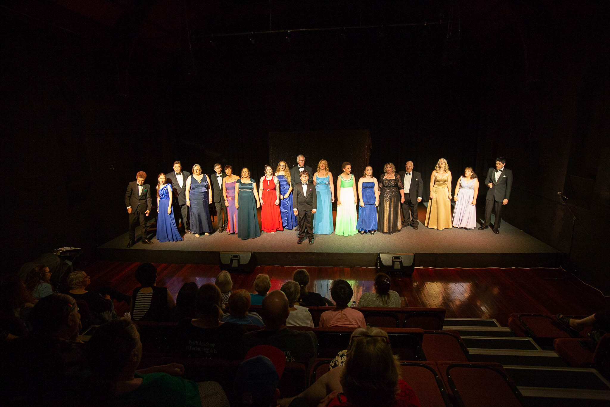 Photo of The ensemble cast on stage at the Link Theatre for the dress rehearsal of Mad About Musicals by Northam Theatre Group. Photo by Caro Telfer, Photographer.